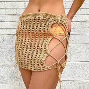 Hand Crochet Lace-Up Mini Skirt Adjustable XS–M Boho Festival Knit